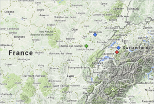 Places in France and Switzerland mentioned in Tinguely's documents (map from maps.google.com)