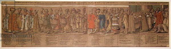 BAL88595 The Great Embassy of Ivan IV (1530-84) of Russia to the Holy Roman Emperor at Regensburg in 1576 (woodcut) by Peterle, Michael (16th century); Victoria & Albert Museum, London, UK; (add.info.: in front, the five legates dressed in Persian clothes, behind them carrying sables as presents for the Emperor; 173050 credits a different artist, it hasn't been possible to accurately attribute one;); Bohemian, out of copyright